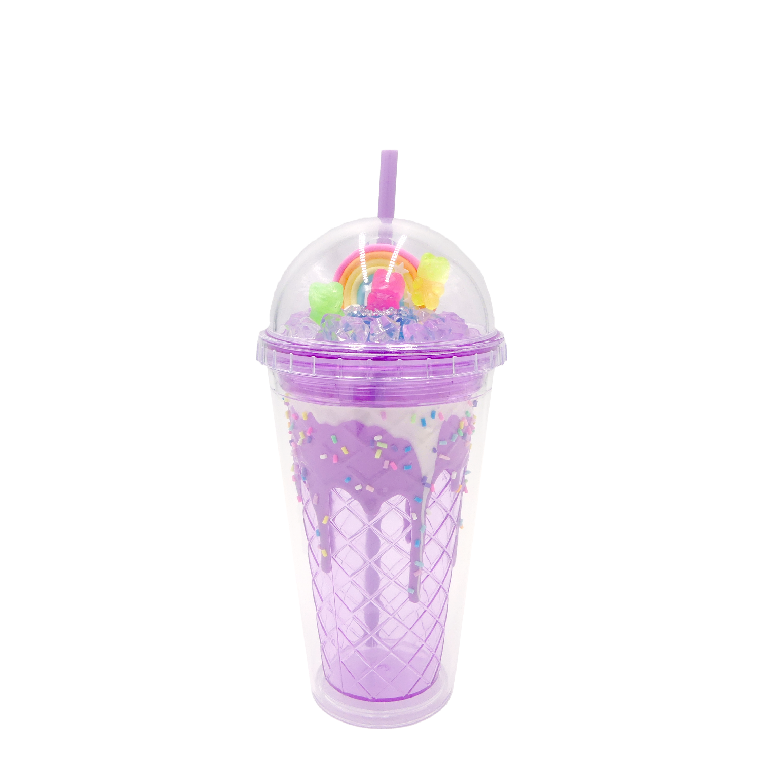 Double Wall Ice Cream Rainbow Gummy Bear Plastic Cup 16oz